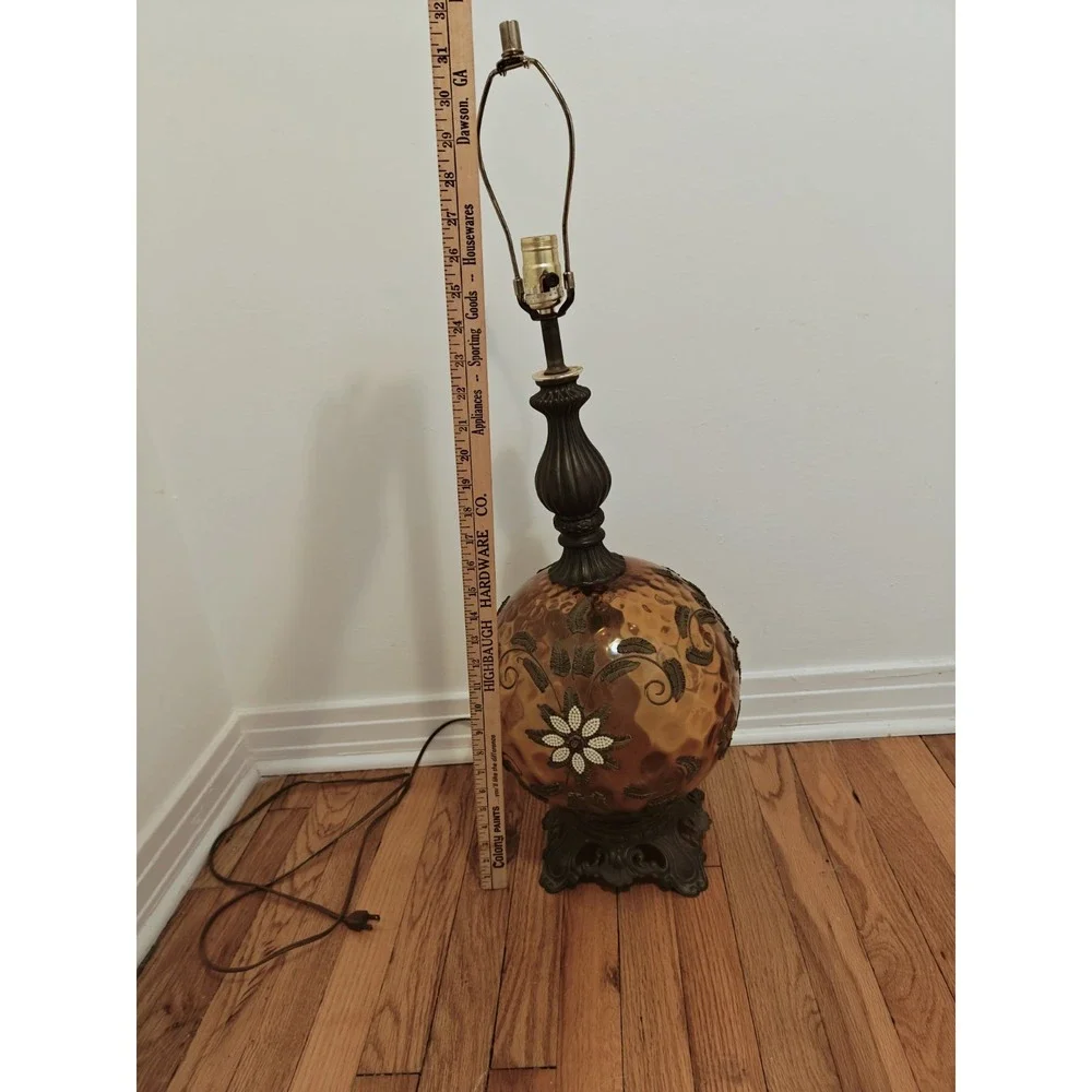 Mid Century Modern Amber Round Glass Table Lamp Leaf Floral Appliqué It Works